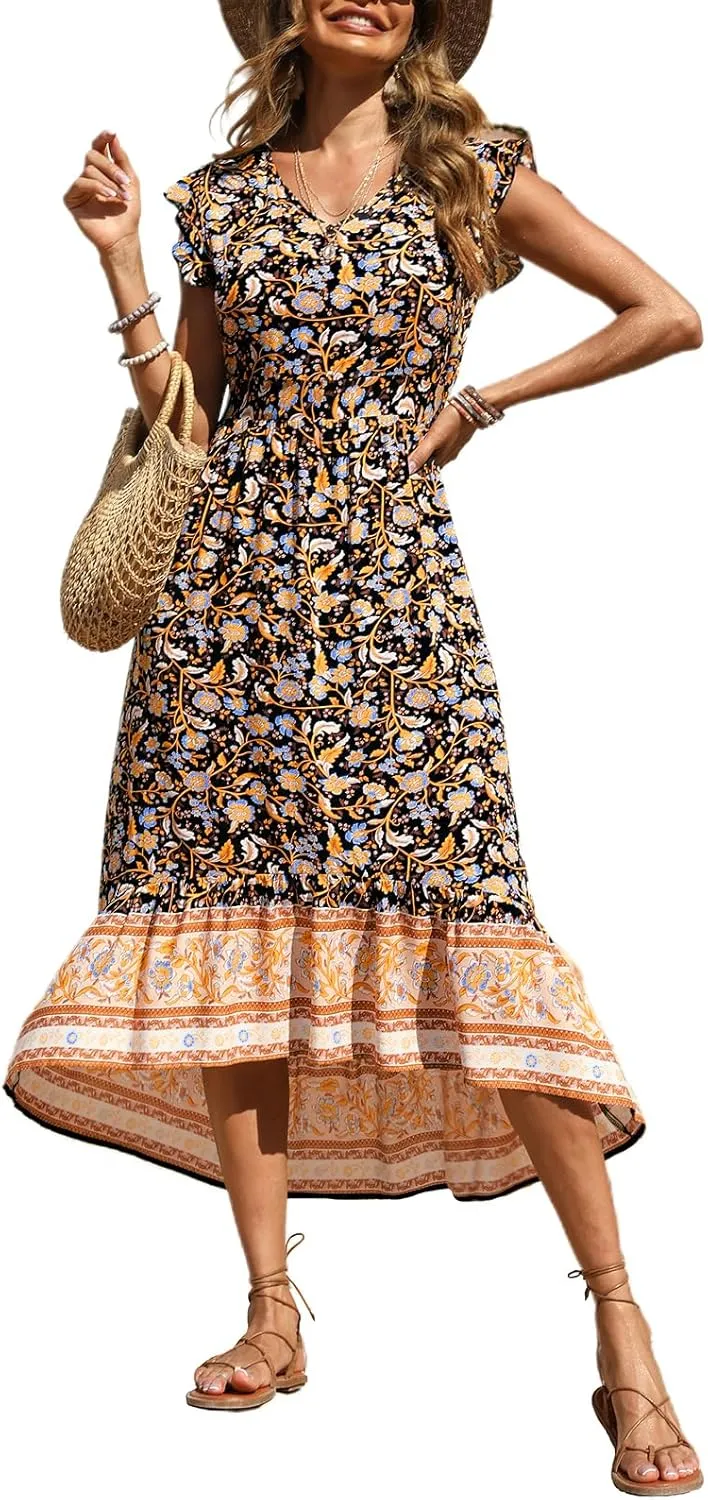 PRETTYGARDEN Women's Summer Maxi Dresses Casual Floral V Neck Cap Sleeve Boho High Low Flowy Sundresses Beach Midi Dress