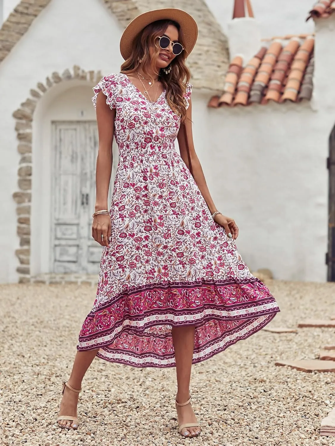 PRETTYGARDEN Women's Summer Maxi Dresses Casual Floral V Neck Cap Sleeve Boho High Low Flowy Sundresses Beach Midi Dress