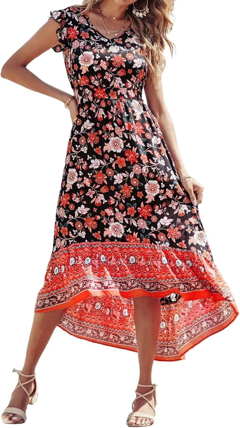 PRETTYGARDEN Women's Summer Maxi Dresses Casual Floral V Neck Cap Sleeve Boho High Low Flowy Sundresses Beach Midi Dress