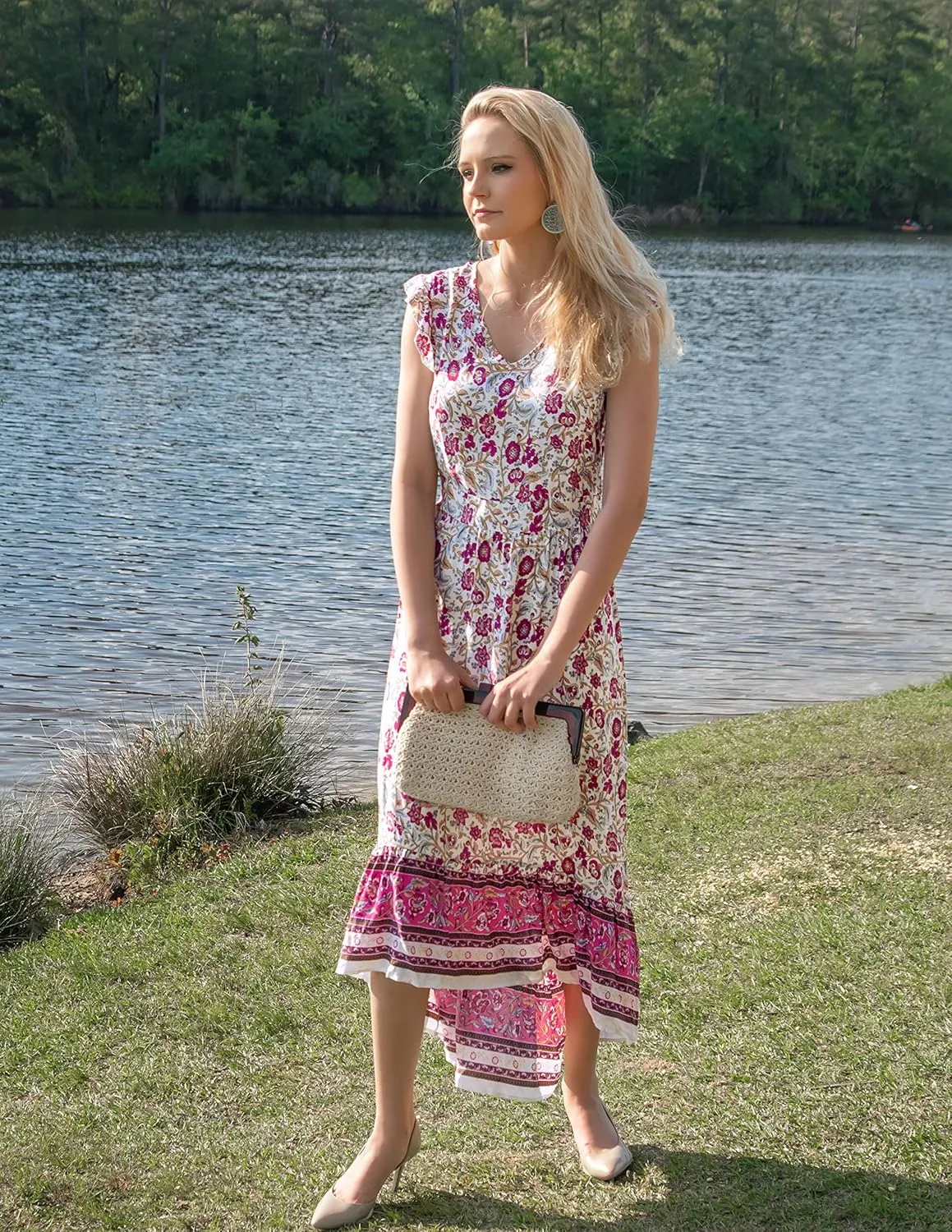 PRETTYGARDEN Women's Summer Maxi Dresses Casual Floral V Neck Cap Sleeve Boho High Low Flowy Sundresses Beach Midi Dress