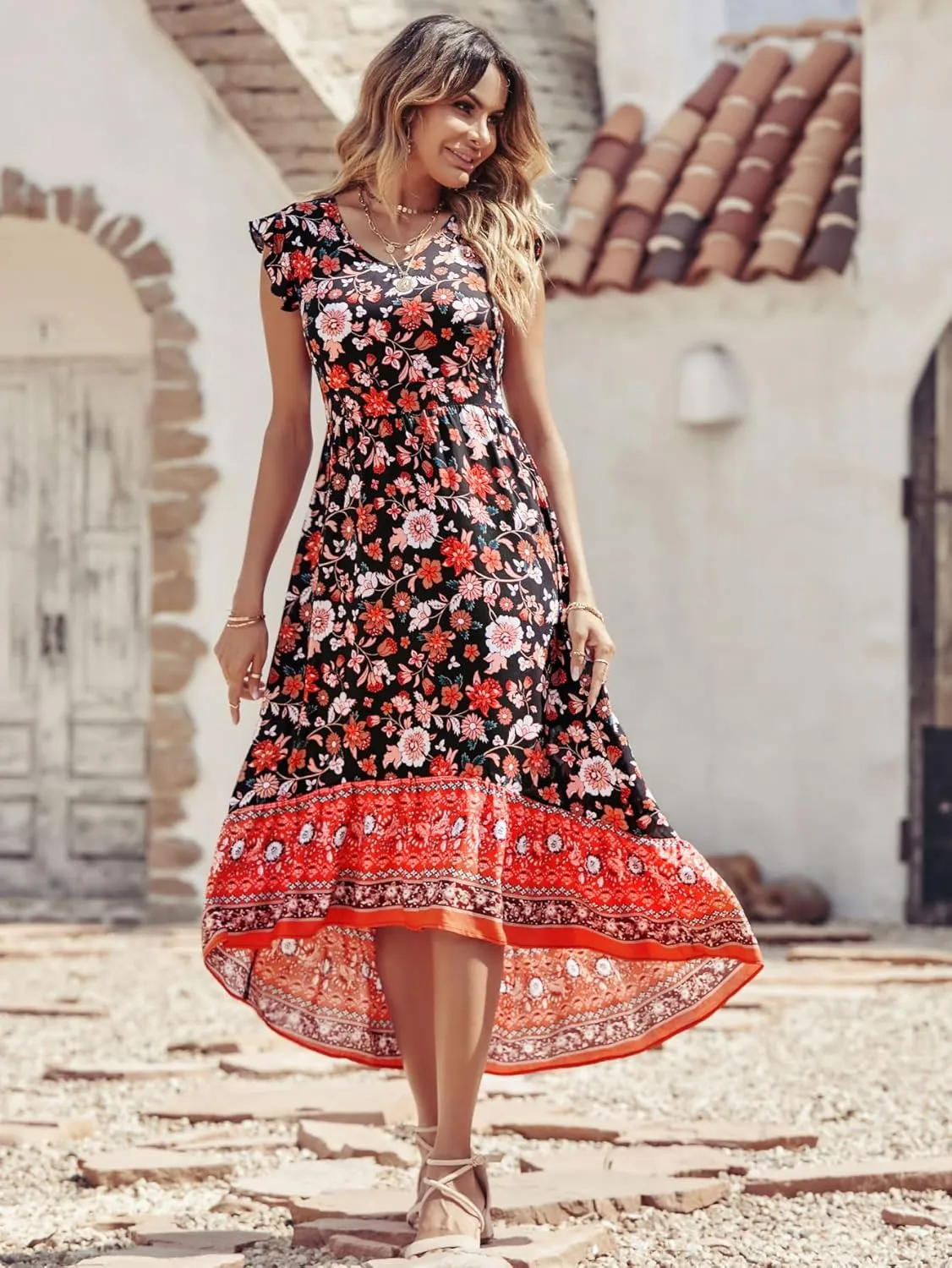 PRETTYGARDEN Women's Summer Maxi Dresses Casual Floral V Neck Cap Sleeve Boho High Low Flowy Sundresses Beach Midi Dress