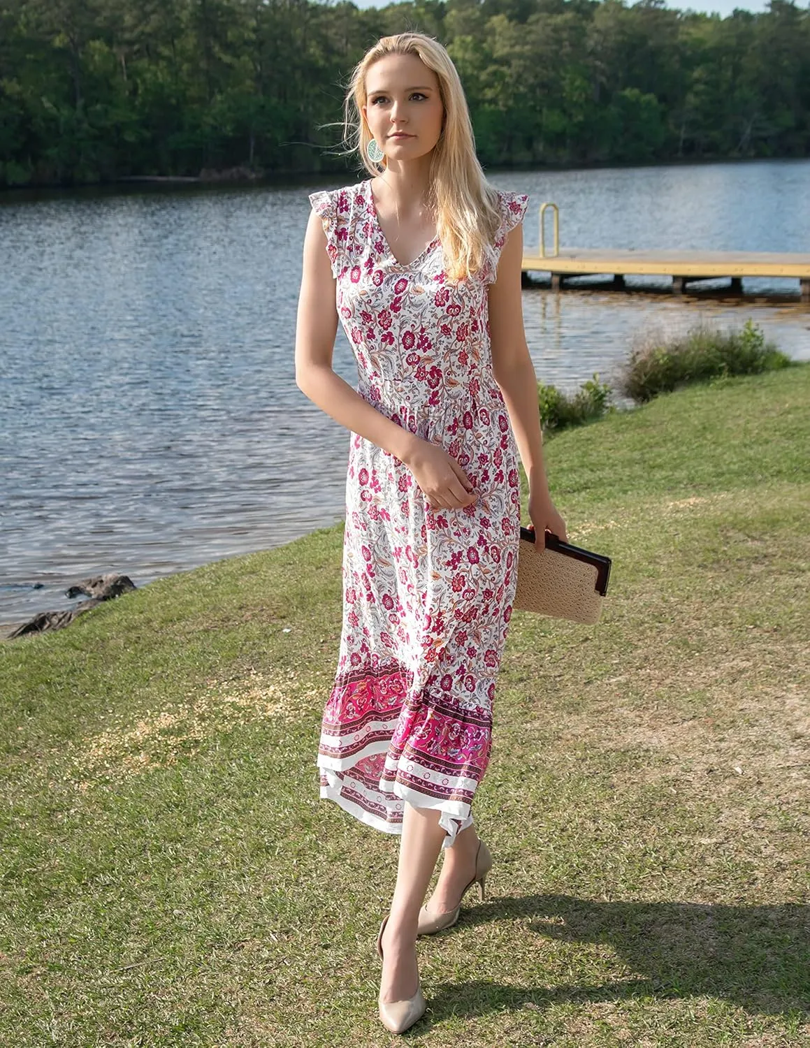 PRETTYGARDEN Women's Summer Maxi Dresses Casual Floral V Neck Cap Sleeve Boho High Low Flowy Sundresses Beach Midi Dress