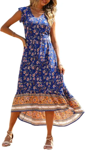 PRETTYGARDEN Women's Summer Maxi Dresses Casual Floral V Neck Cap Sleeve Boho High Low Flowy Sundresses Beach Midi Dress