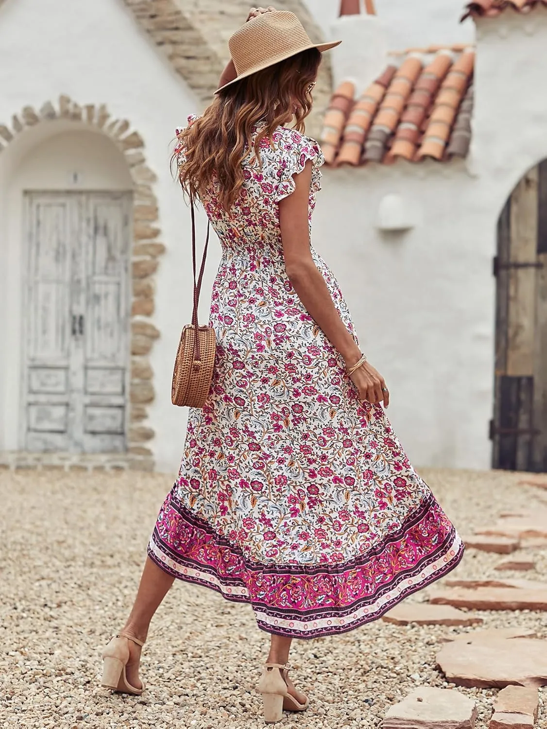 PRETTYGARDEN Women's Summer Maxi Dresses Casual Floral V Neck Cap Sleeve Boho High Low Flowy Sundresses Beach Midi Dress