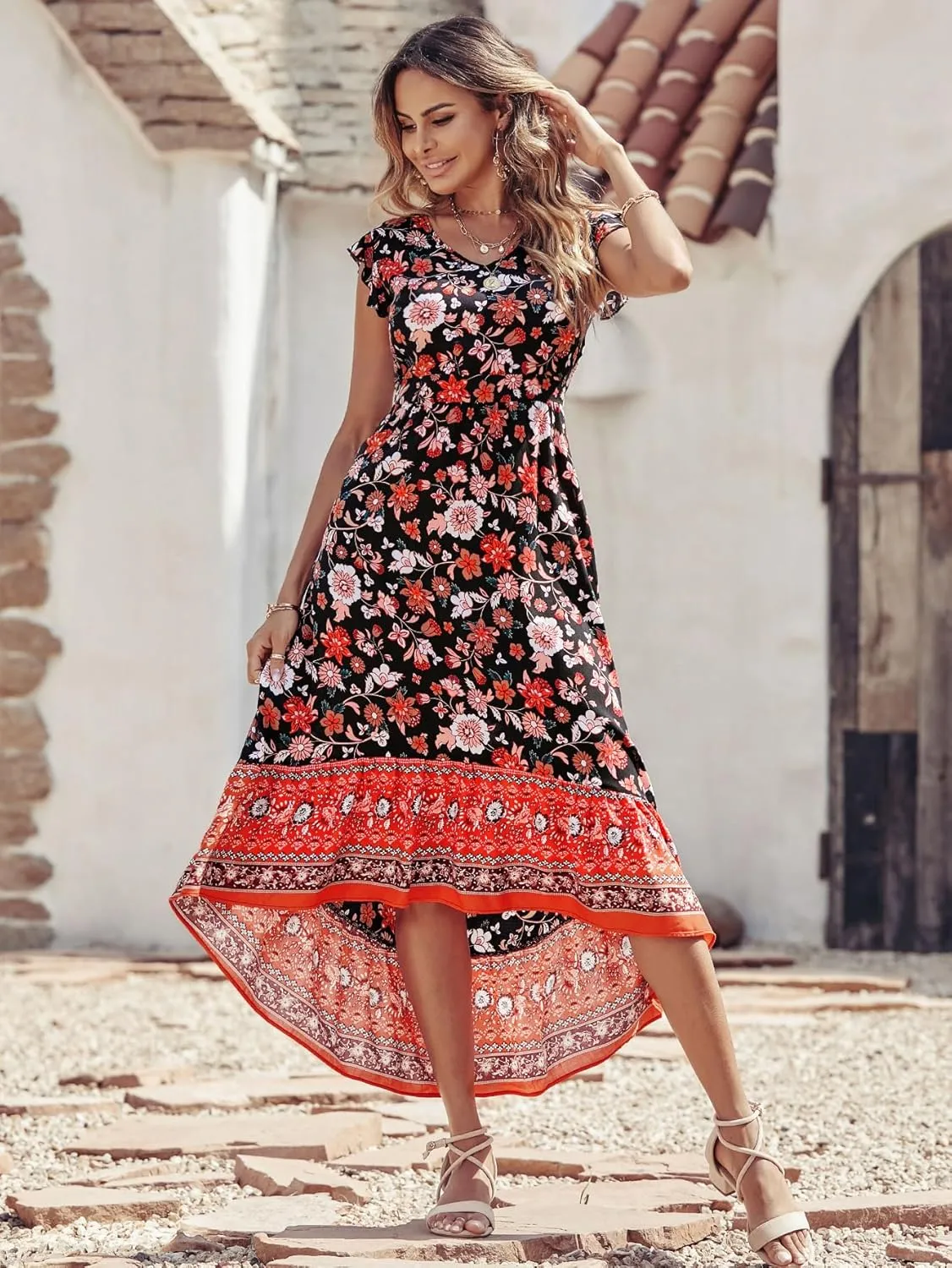 PRETTYGARDEN Women's Summer Maxi Dresses Casual Floral V Neck Cap Sleeve Boho High Low Flowy Sundresses Beach Midi Dress