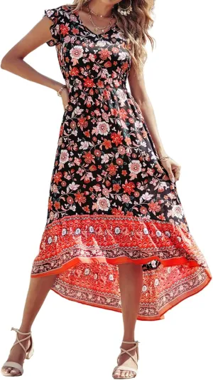 PRETTYGARDEN Women's Summer Maxi Dresses Casual Floral V Neck Cap Sleeve Boho High Low Flowy Sundresses Beach Midi Dress