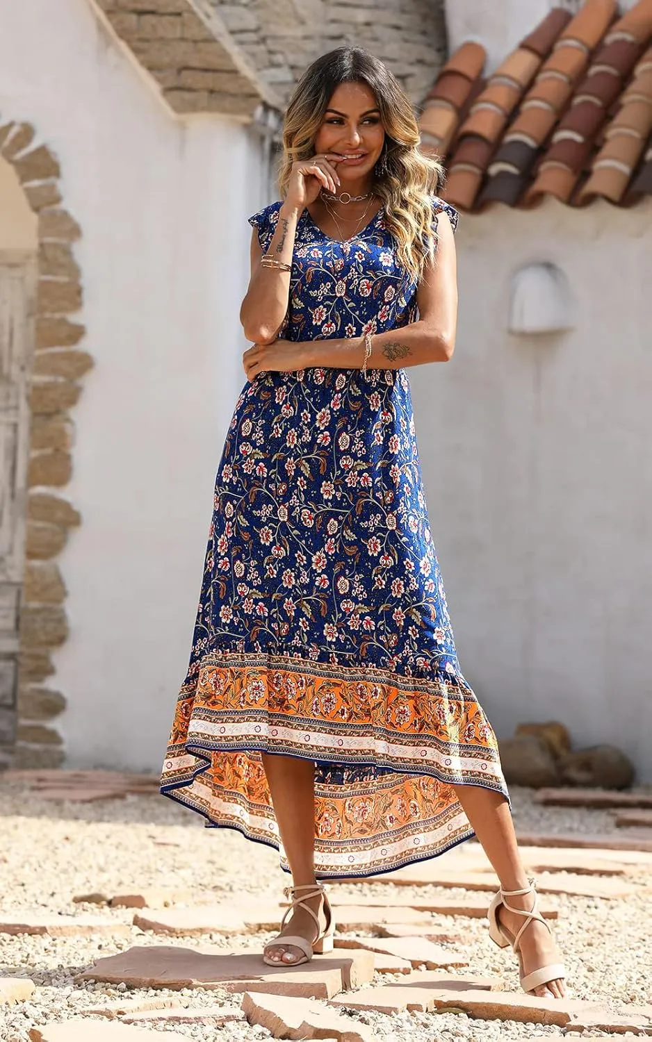 PRETTYGARDEN Women's Summer Maxi Dresses Casual Floral V Neck Cap Sleeve Boho High Low Flowy Sundresses Beach Midi Dress