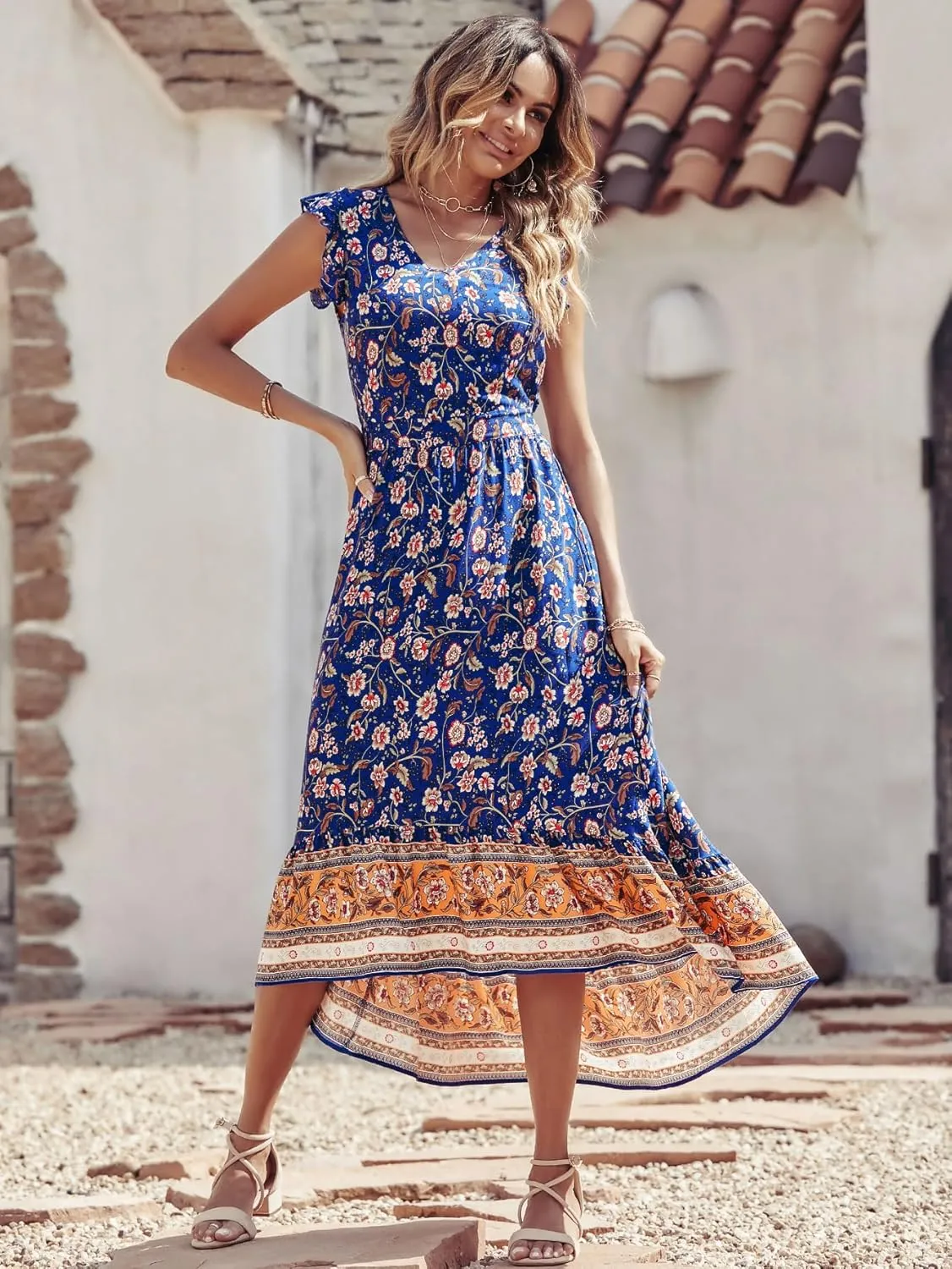 PRETTYGARDEN Women's Summer Maxi Dresses Casual Floral V Neck Cap Sleeve Boho High Low Flowy Sundresses Beach Midi Dress