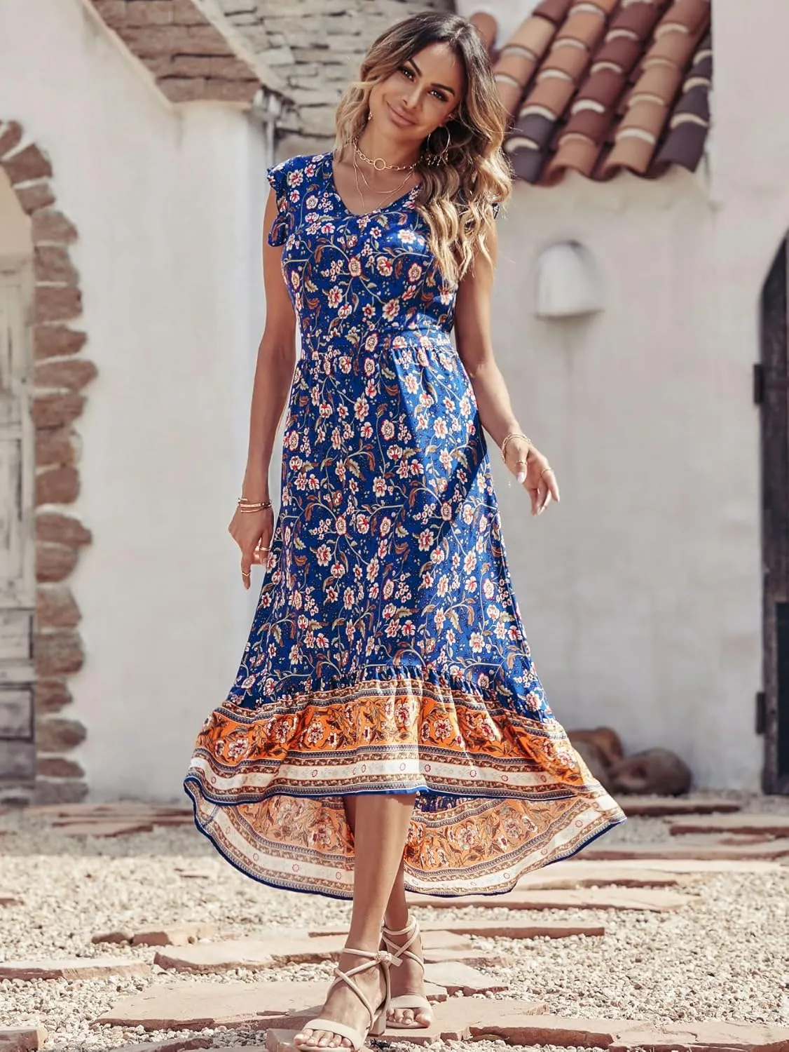 PRETTYGARDEN Women's Summer Maxi Dresses Casual Floral V Neck Cap Sleeve Boho High Low Flowy Sundresses Beach Midi Dress