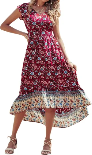 PRETTYGARDEN Women's Summer Maxi Dresses Casual Floral V Neck Cap Sleeve Boho High Low Flowy Sundresses Beach Midi Dress