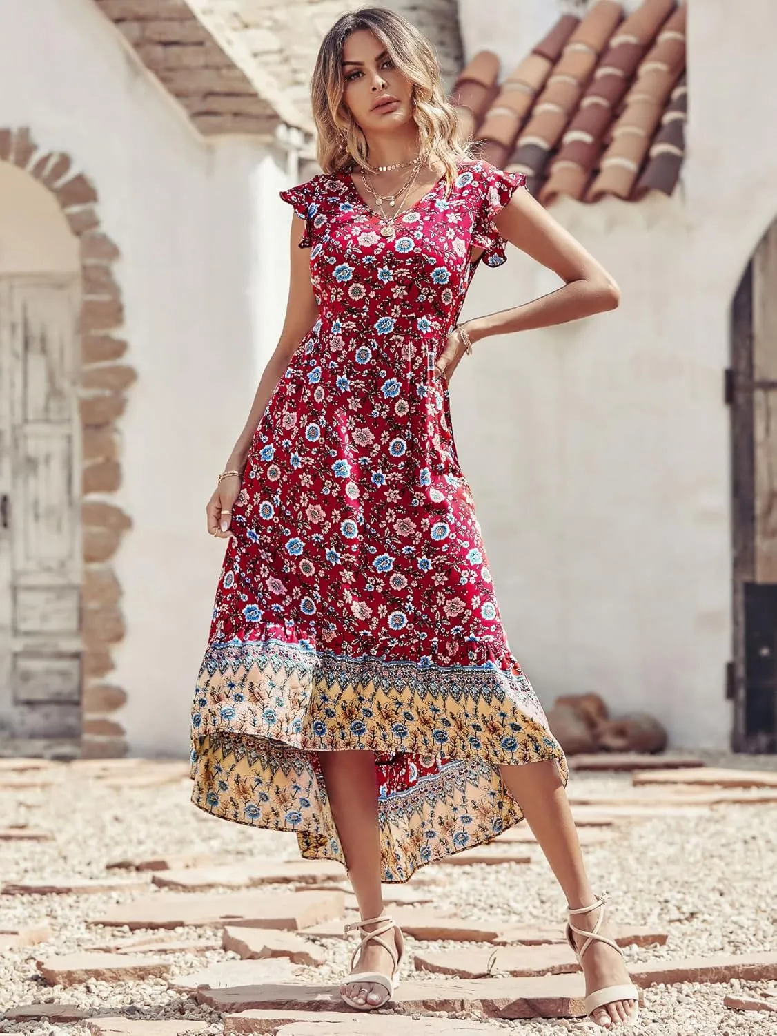 PRETTYGARDEN Women's Summer Maxi Dresses Casual Floral V Neck Cap Sleeve Boho High Low Flowy Sundresses Beach Midi Dress