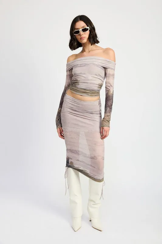 Printed Off the Shoulder Ruche Top