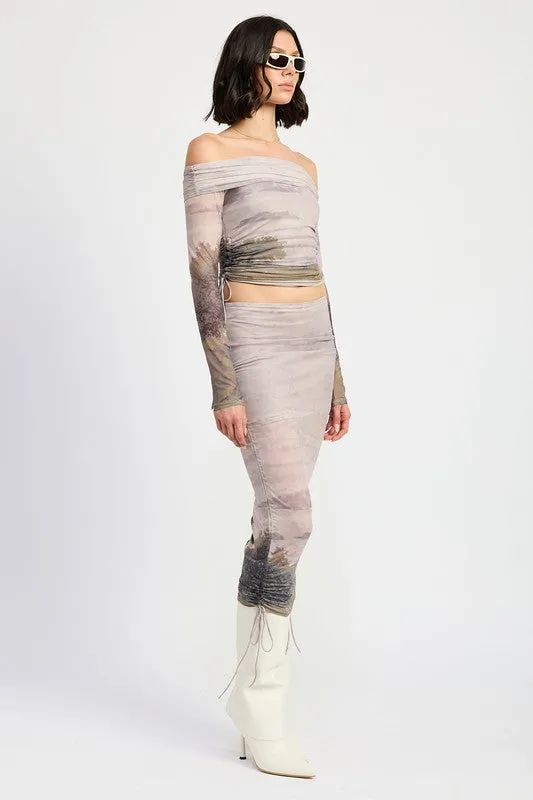 Printed Off the Shoulder Ruche Top