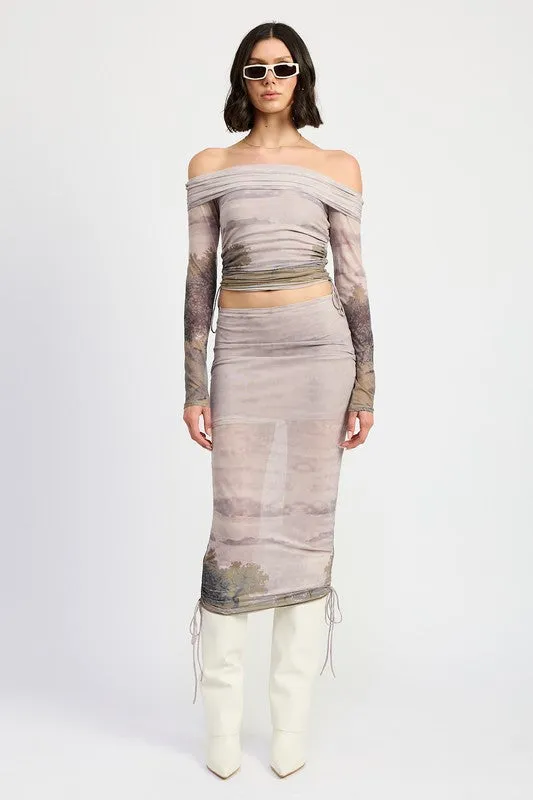 Printed Off the Shoulder Ruche Top