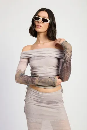 Printed Off the Shoulder Ruche Top