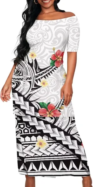 Puletasi Traditional Off Shoulder Dress Plus Size Tops and Skirt Sets