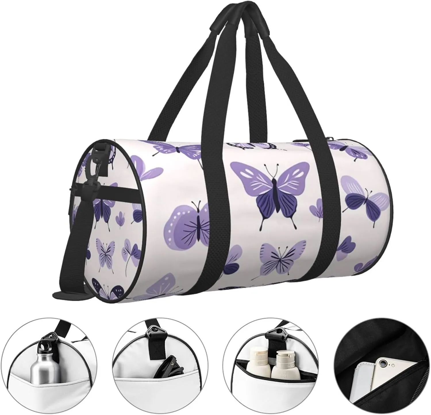 purple cute butterfly print Printed Travel Bag,Round Personal Item Storage bag,Foldie Duffel Bag for Traveling Vacation,Fitness,Sports