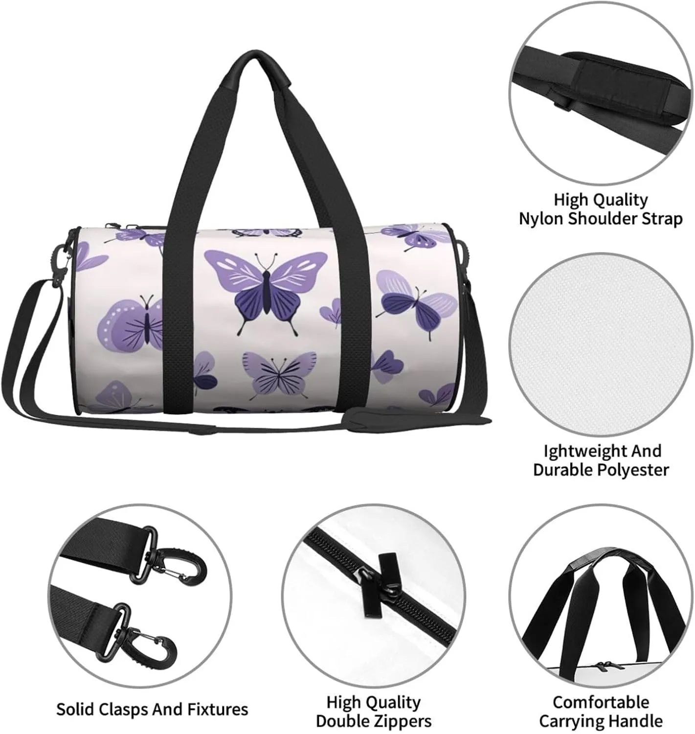 purple cute butterfly print Printed Travel Bag,Round Personal Item Storage bag,Foldie Duffel Bag for Traveling Vacation,Fitness,Sports