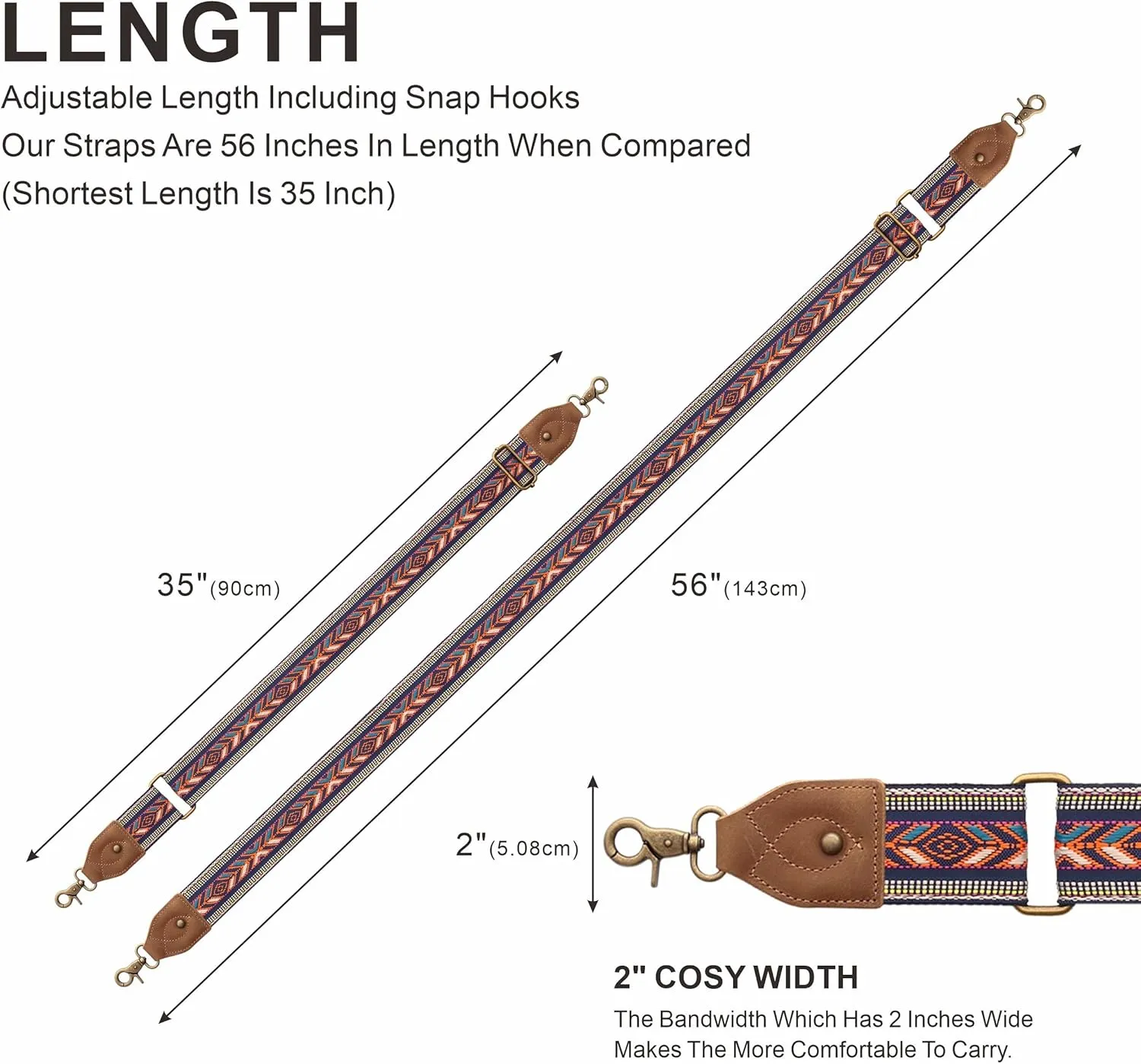 Purse Strap-2"Crazy Horse Leather Wide Shoulder Strap Adjustable Replacement,Jacquard Embroidery Bag Straps