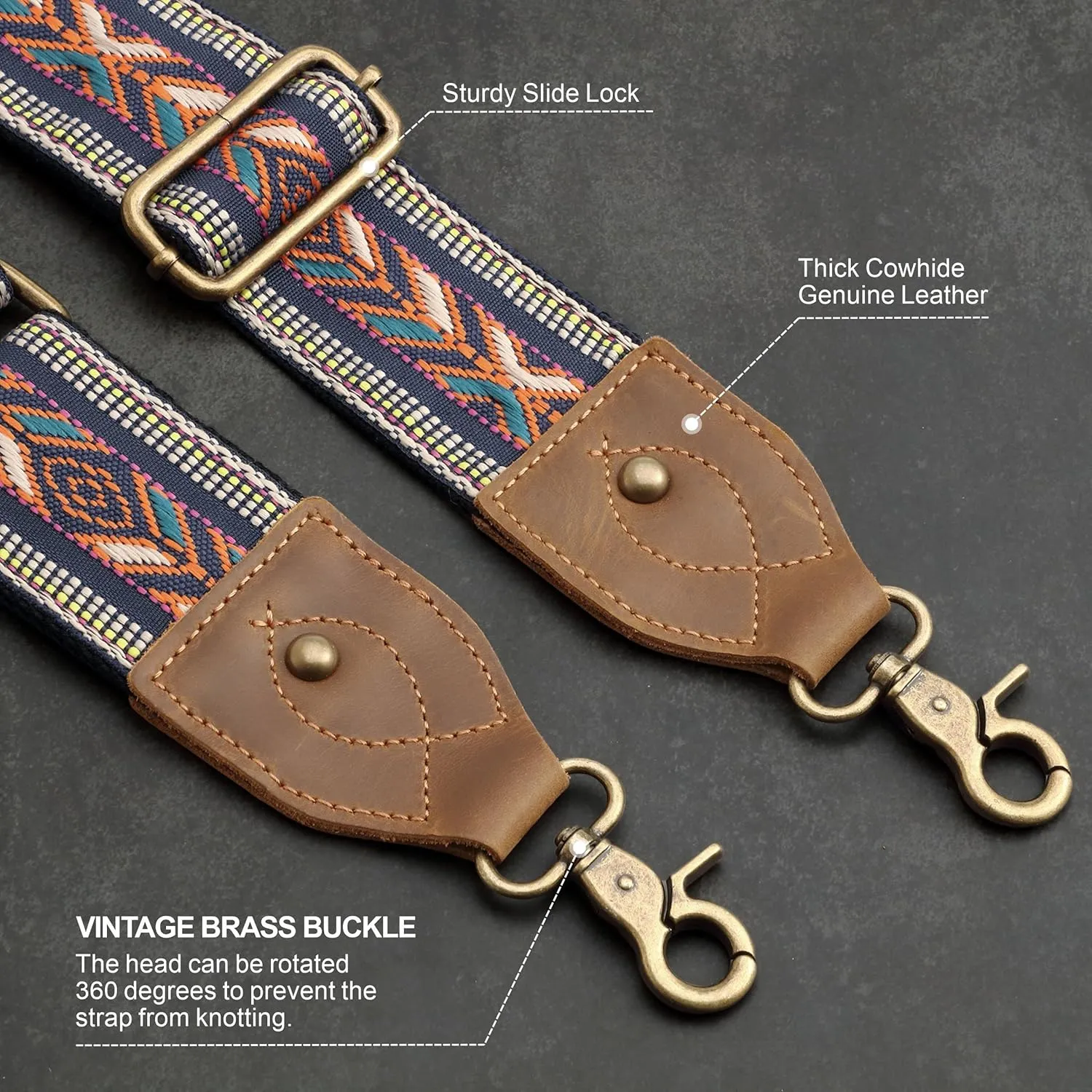 Purse Strap-2"Crazy Horse Leather Wide Shoulder Strap Adjustable Replacement,Jacquard Embroidery Bag Straps