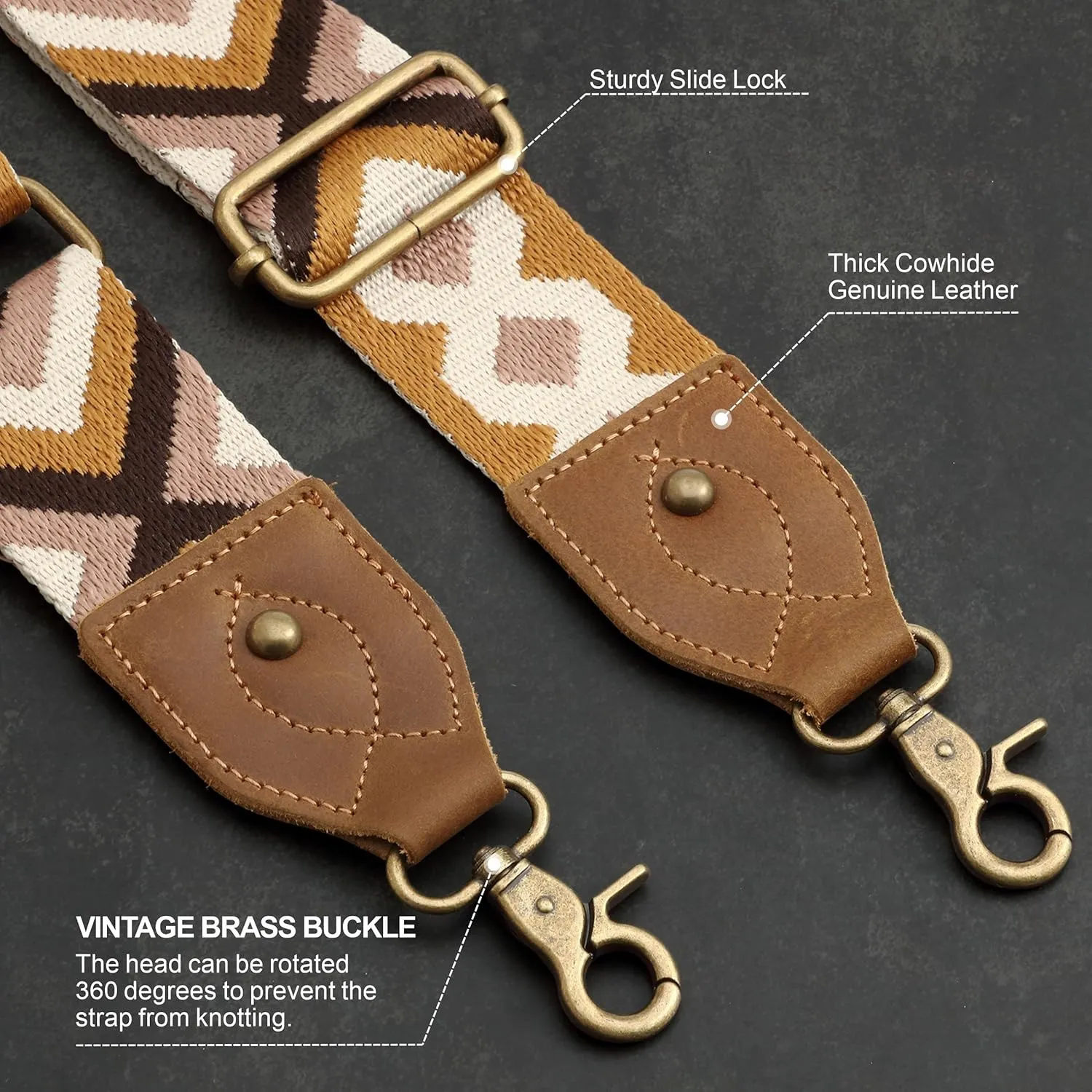 Purse Strap-2"Crazy Horse Leather Wide Shoulder Strap Adjustable Replacement,Jacquard Embroidery Bag Straps