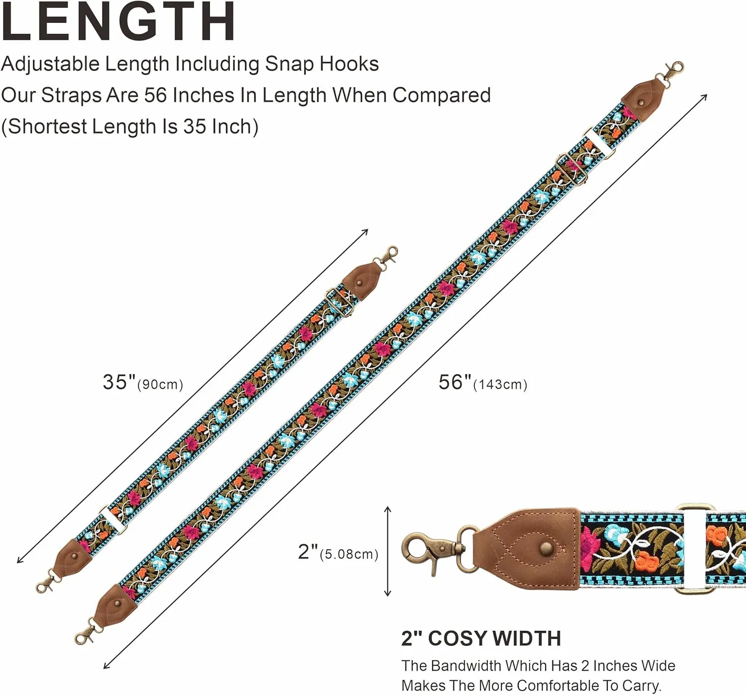 Purse Strap-2"Crazy Horse Leather Wide Shoulder Strap Adjustable Replacement,Jacquard Embroidery Bag Straps