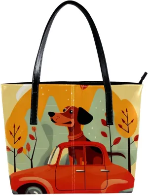 Purses for Women,Tote Bag Aesthetic,Women's Tote Handbags,Welcome Home Funny Dog Red Car Tree