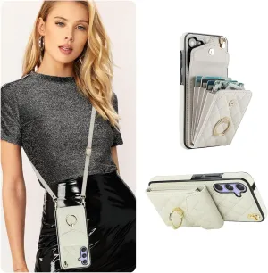 QLTYPRI Crossbody Wallet Case for Samsung Galaxy A15 4G/5G, PU Leather Phone Case with RFID Blocking Card Slots Holder Ring Kickstand Wrist Strap Lanyard Handbag Purse Cover for Samsung A15 – White