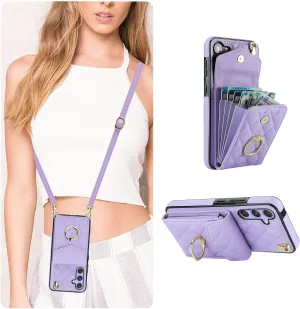 QLTYPRI Crossbody Wallet Case for Samsung Galaxy A35 5G, PU Leather Phone Case with RFID Blocking Card Slots Holder Ring Kickstand Wrist Strap Lanyard Handbag Purse Cover for Samsung A35 – Purple