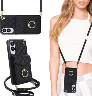 QLTYPRI Crossbody Wallet Case for Samsung Galaxy S25 Edge, PU Leather Phone Case with RFID Blocking Card Slots Holder Ring Kickstand Wrist Strap Lanyard Handbag Purse Cover - Black