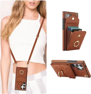 QLTYPRI Crossbody Wallet Case for Samsung Galaxy S25 Ultra, PU Leather Phone Case with RFID Blocking Card Slots Holder Ring Kickstand Wrist Strap Lanyard Handbag Purse Cover - Brown