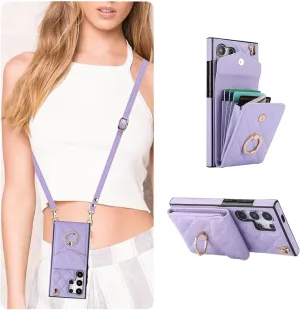 QLTYPRI Crossbody Wallet Case for Samsung Galaxy S25 Ultra, PU Leather Phone Case with RFID Blocking Card Slots Holder Ring Kickstand Wrist Strap Lanyard Handbag Purse Cover - Purple