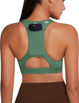QUEENIEKE V Neck Running Sports Bra with Phone Pocket, Medium Support Workout Tops Padded Racerback Bra for Women