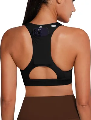 QUEENIEKE V Neck Running Sports Bra with Phone Pocket, Medium Support Workout Tops Padded Racerback Bra for Women