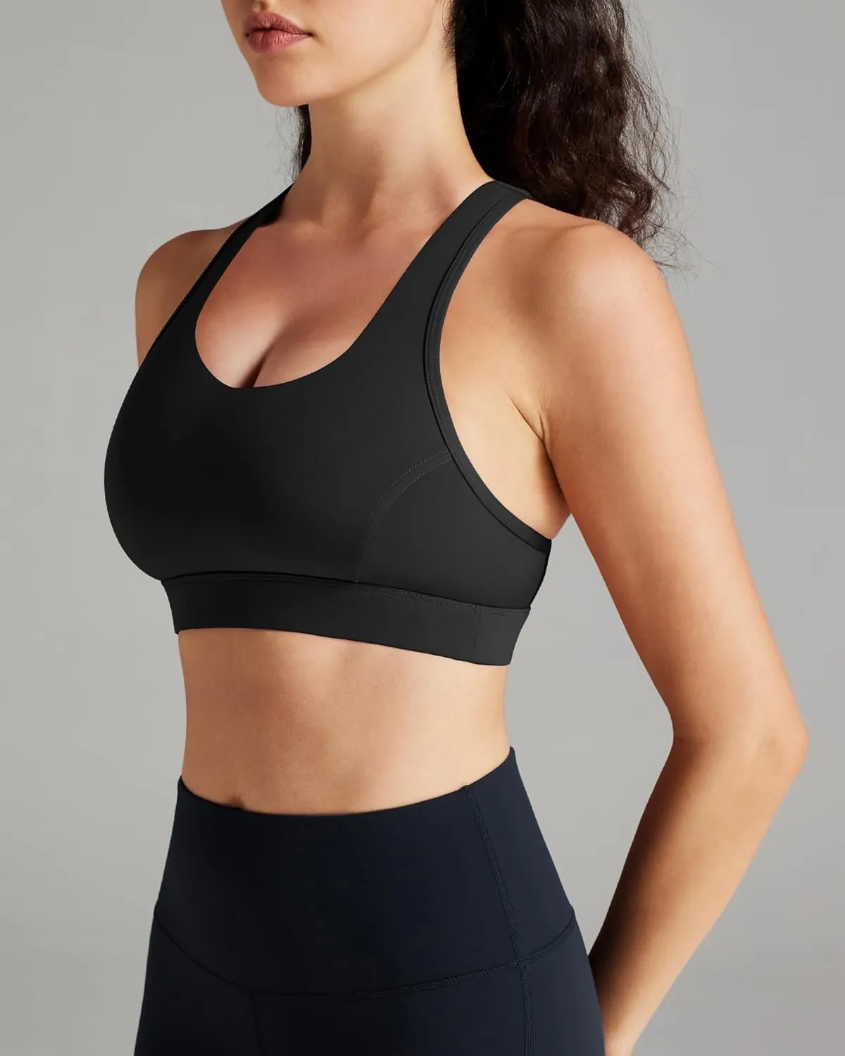 QUEENIEKE V Neck Running Sports Bra with Phone Pocket, Medium Support Workout Tops Padded Racerback Bra for Women