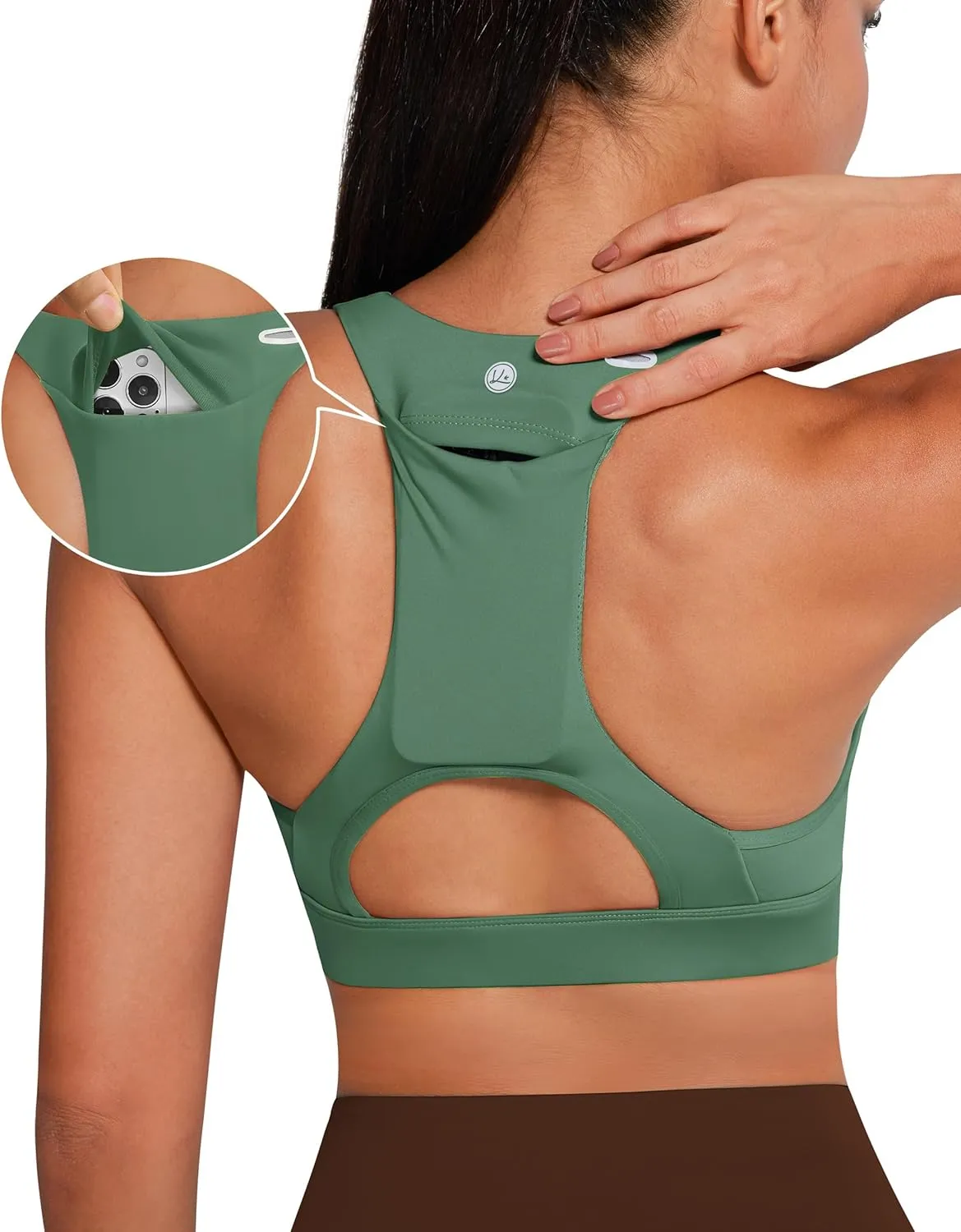 QUEENIEKE V Neck Running Sports Bra with Phone Pocket, Medium Support Workout Tops Padded Racerback Bra for Women
