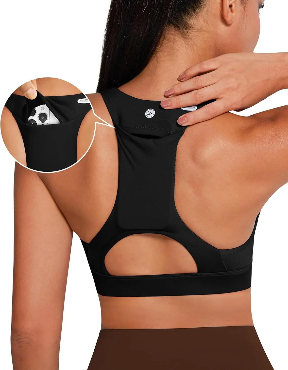 QUEENIEKE V Neck Running Sports Bra with Phone Pocket, Medium Support Workout Tops Padded Racerback Bra for Women