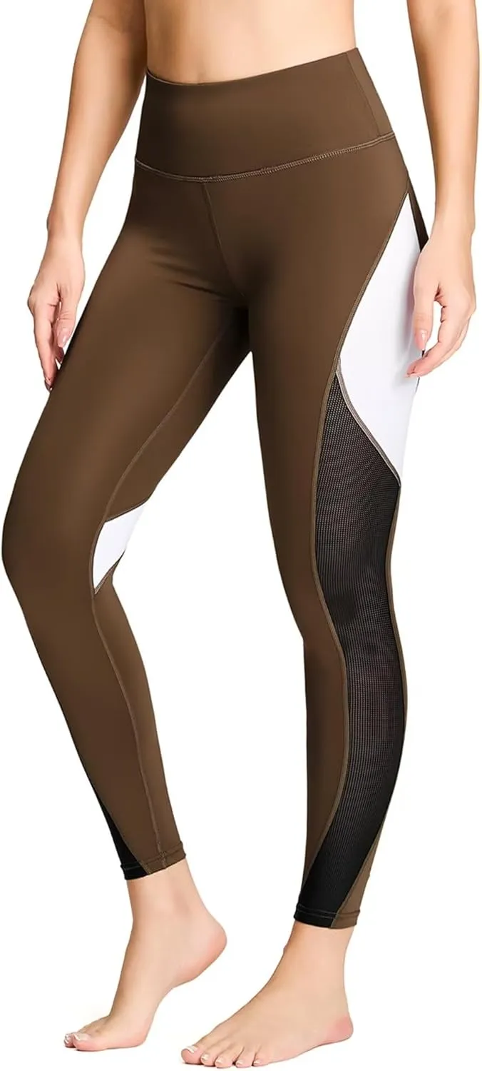 QUEENIEKE Women Yoga Pants Color Blocking Mesh Workout Running Leggings Tights 8030