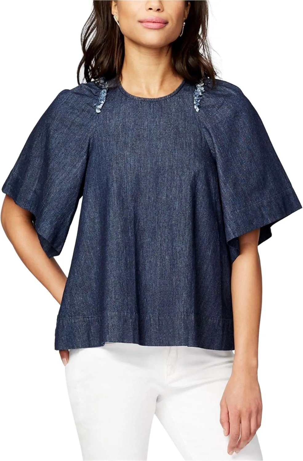 Rachel Roy Womens Denim Ruffle-Trim Pullover Blouse, Blue, Small