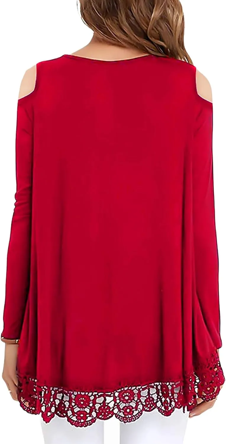 RAGEMALL Womens Cold Shoulder Tops Long Sleeve Lace Trim Tunic Blouse Tops for Women