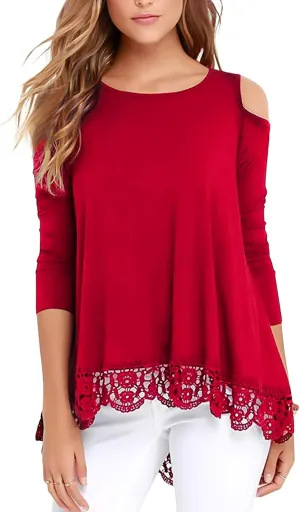 RAGEMALL Womens Cold Shoulder Tops Long Sleeve Lace Trim Tunic Blouse Tops for Women