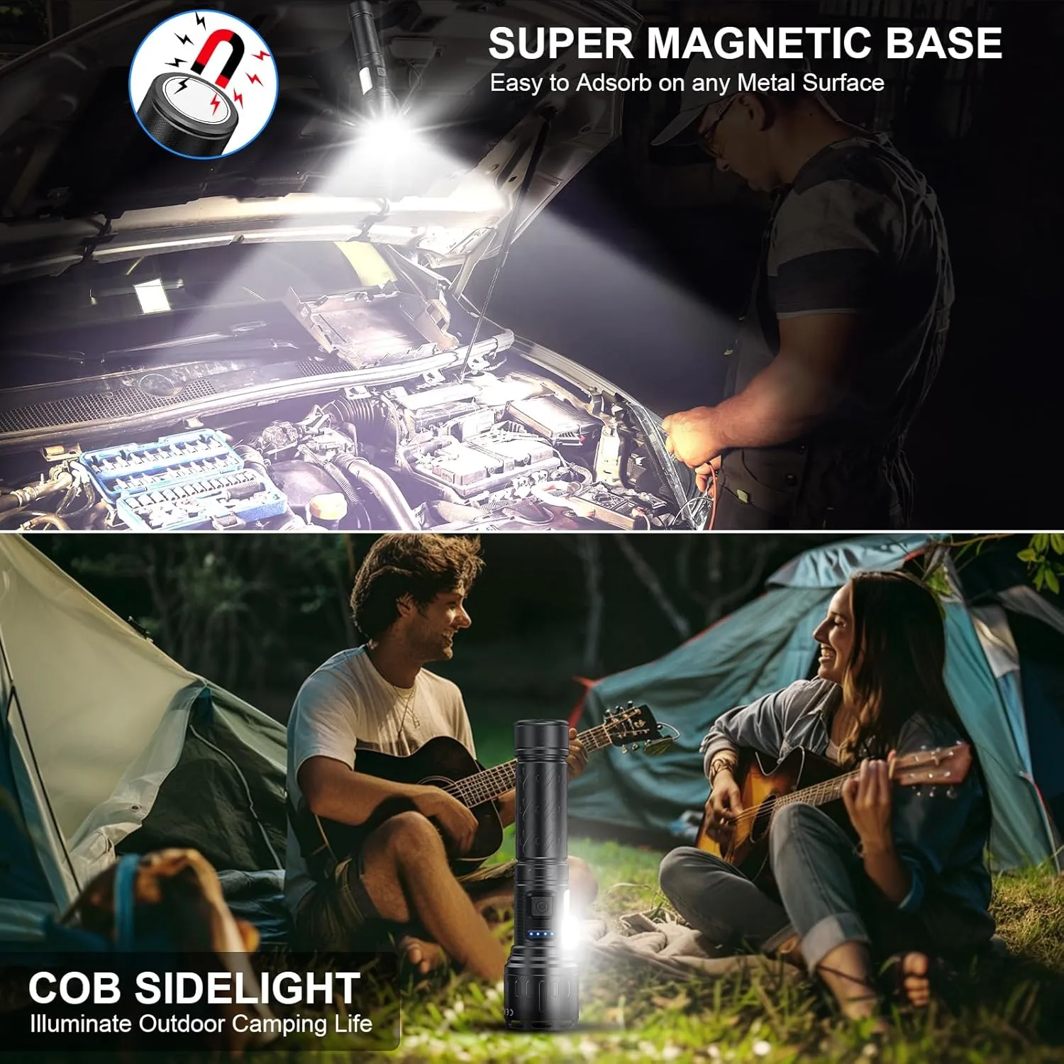 Rechargeable Magnetic Flashlights High Lumens, Super Bright LED Powerful Flashlight 8 Modes with COB Work Light, Waterproof Handheld Flash Light for Camping (2 Pc with Leather Box, Black)