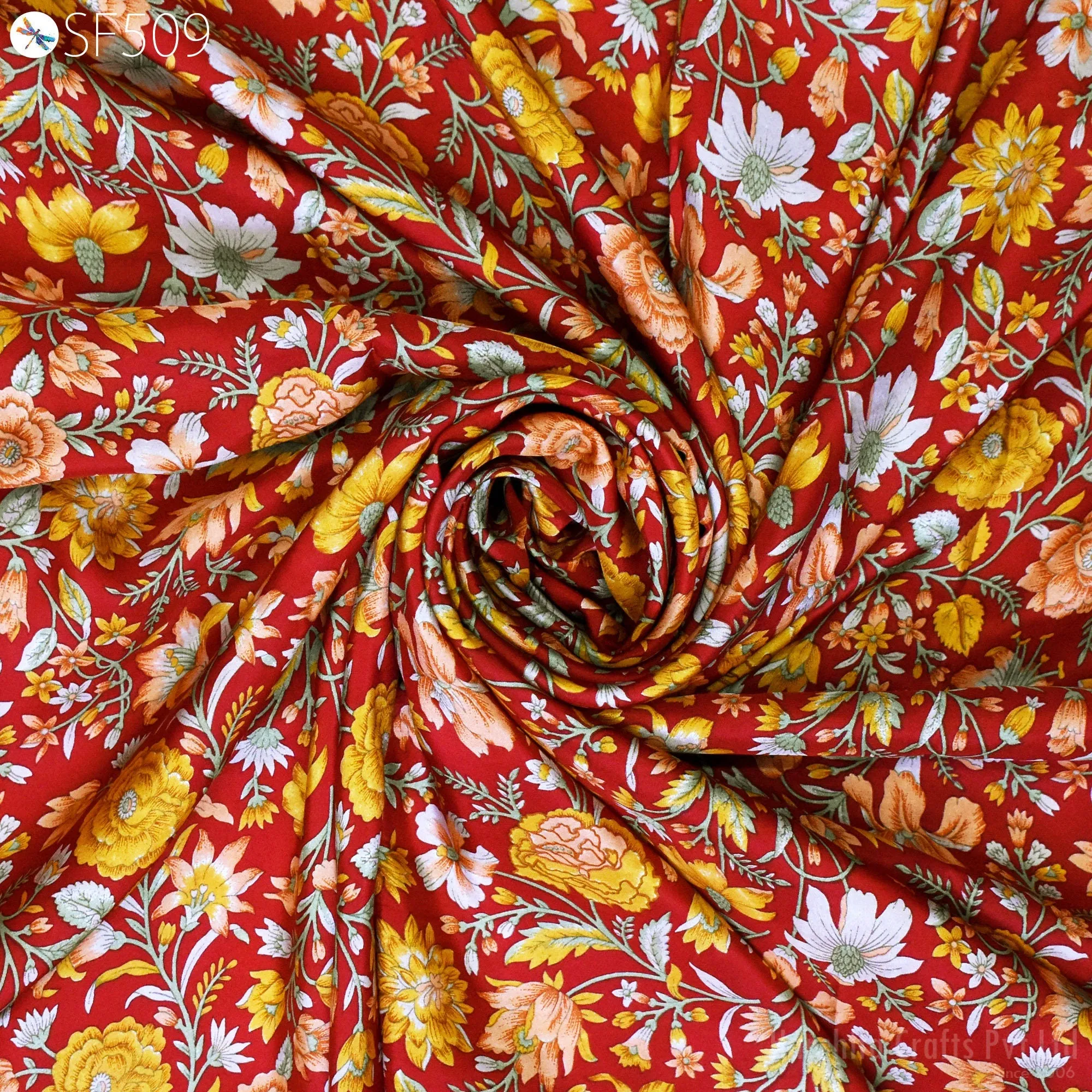 Red Floral Habotai Silk Soft Pure Flowy Printed Silk Indian Fabric by the yard Saree Fabric Wedding Dresses Bridesmaid Costumes Sewing Scarf