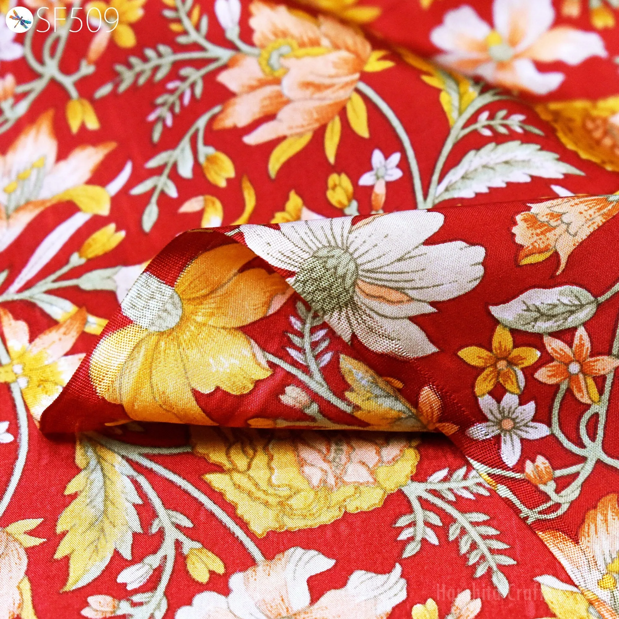 Red Floral Habotai Silk Soft Pure Flowy Printed Silk Indian Fabric by the yard Saree Fabric Wedding Dresses Bridesmaid Costumes Sewing Scarf