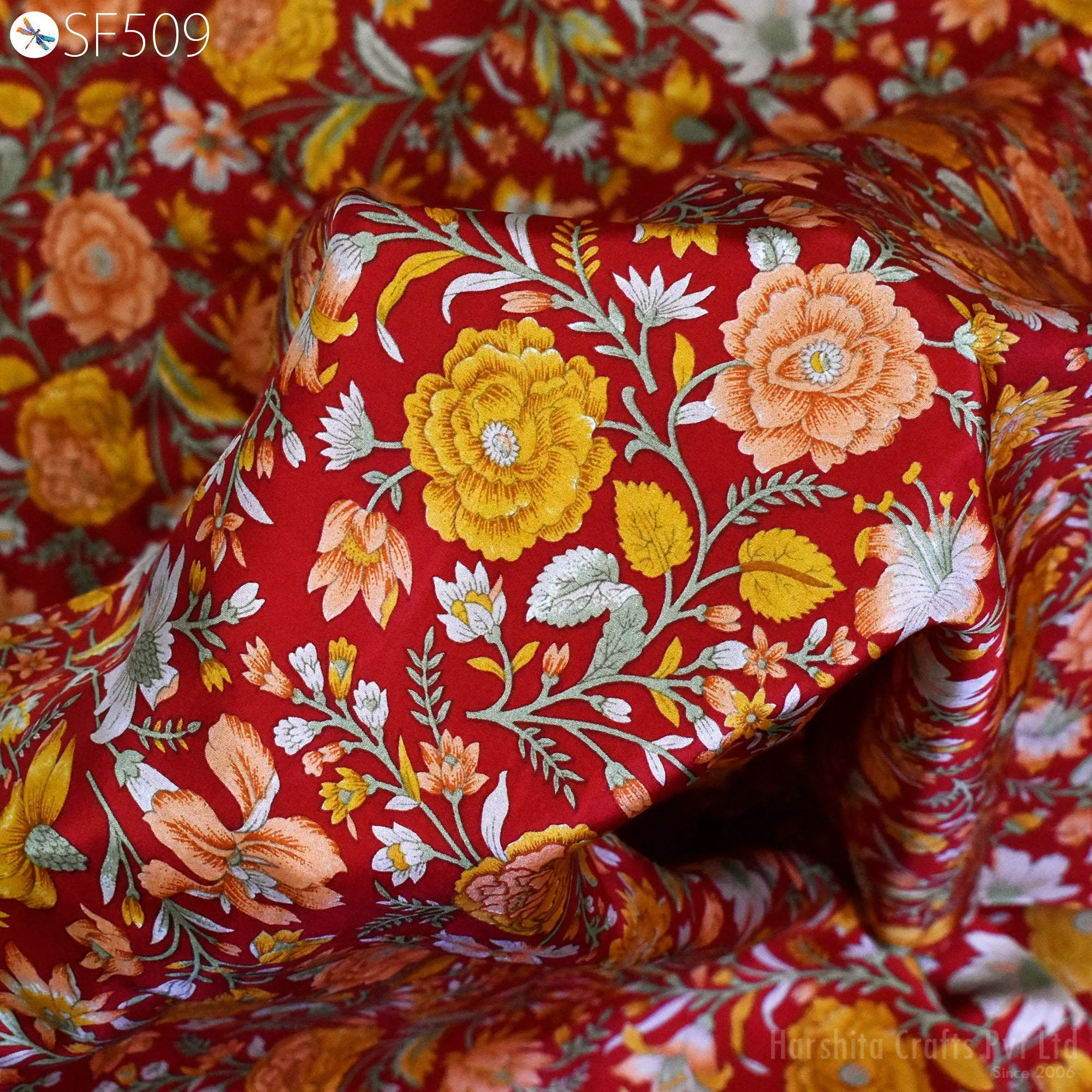 Red Floral Habotai Silk Soft Pure Flowy Printed Silk Indian Fabric by the yard Saree Fabric Wedding Dresses Bridesmaid Costumes Sewing Scarf