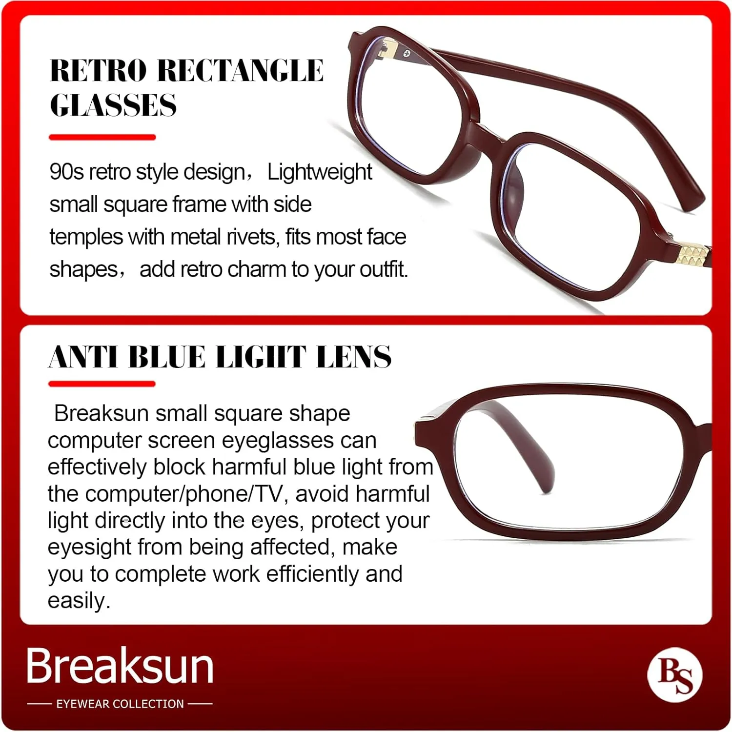 Retro Rectangle Glasses for Women Men Small Square Blue Light Blocking Glasses Vintage Eyeglasses
