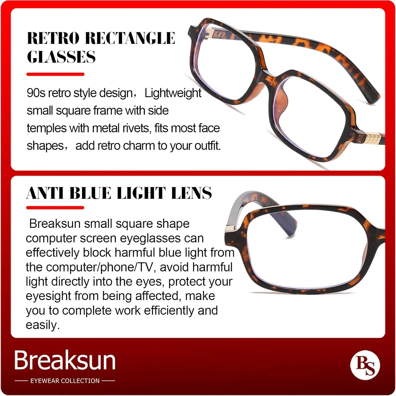 Retro Rectangle Glasses for Women Men Small Square Blue Light Blocking Glasses Vintage Eyeglasses