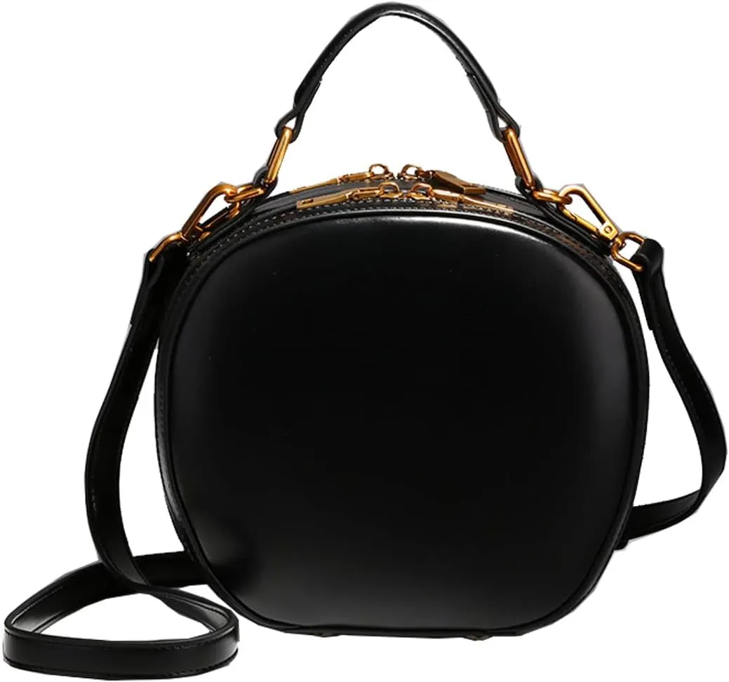Retro Round Handbags for Women Cowhide Top-Handle Satchel Fashion Purse Small Shoulder Bag Tote Clutch