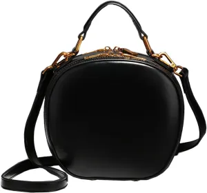 Retro Round Handbags for Women Cowhide Top-Handle Satchel Fashion Purse Small Shoulder Bag Tote Clutch