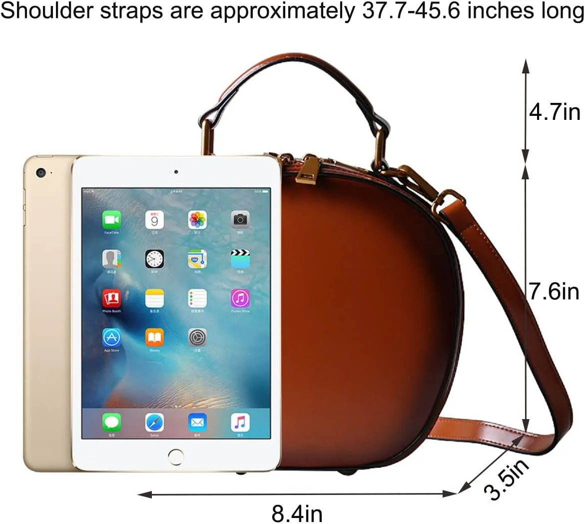 Retro Round Handbags for Women Cowhide Top-Handle Satchel Fashion Purse Small Shoulder Bag Tote Clutch